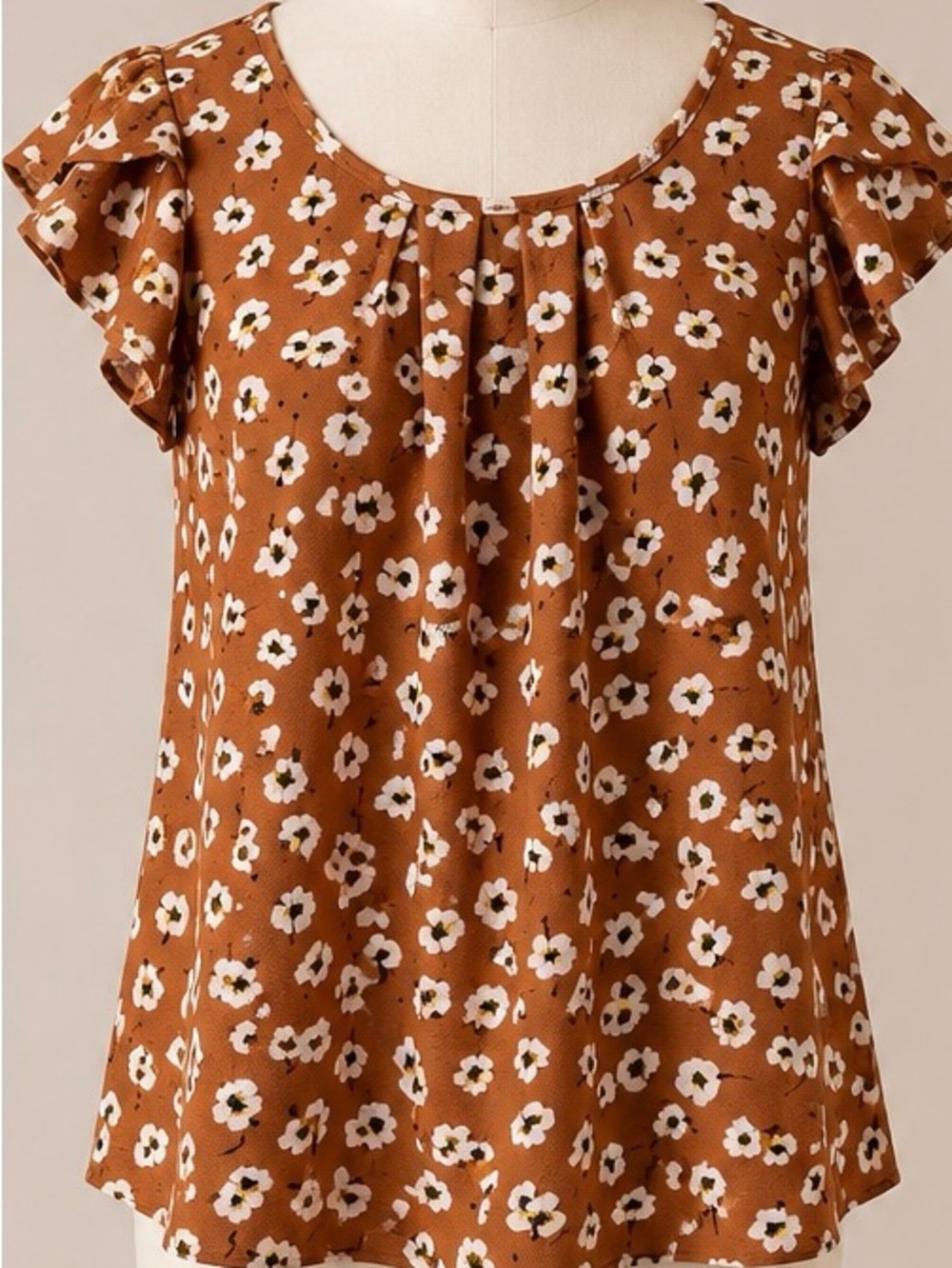 Papermoon Small Rust Floral Flutter Sleeve Pleated Blouse Keyhole Back